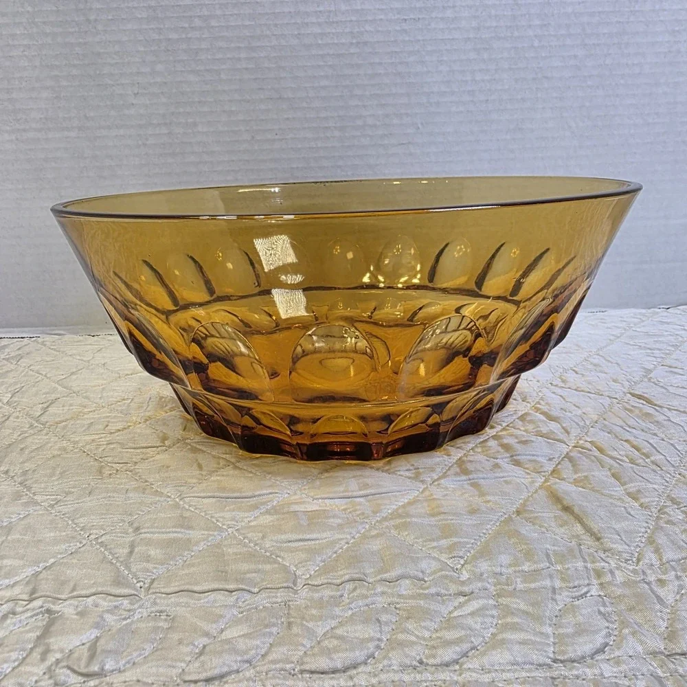 Vtg Indiana‎ Kings Thumbprint Amber Glass Large Serving Salad Bowl